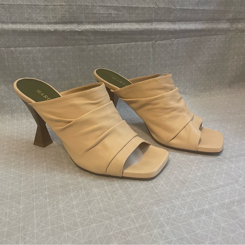 Maria Luca Pleated Vamp Italian Calfskin Contour Heel Mules 39